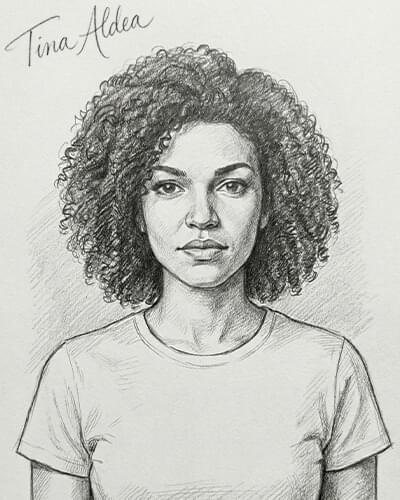 Delivered soulmate sketch of a woman with curly hair, signed Tina Aldea